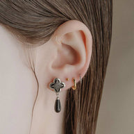 silver gothic black agate tudor earrings