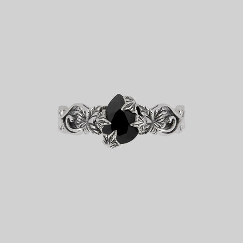 REVERENCE. Oval Black Enamel Crystal Silver Ring