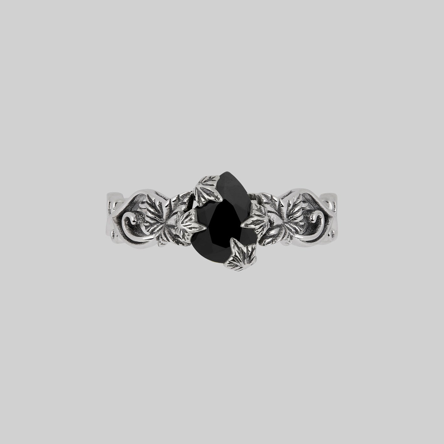 Silver black onyx stone ring with gothic vine detailing alternative jewellery