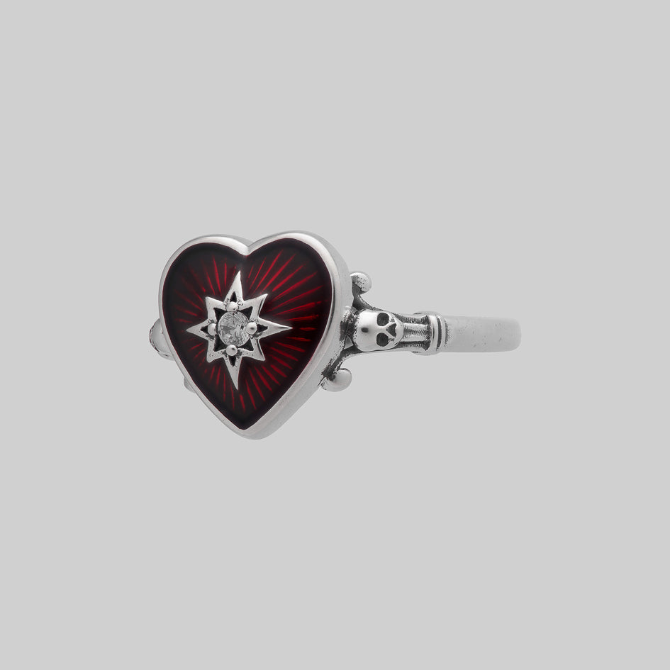 gothic red heart shaped enamel silver ornate georgian inspired ring