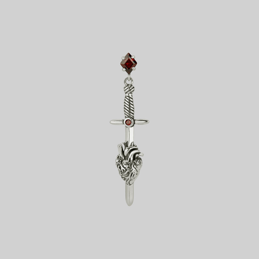 silver sword anatomical heart earring
