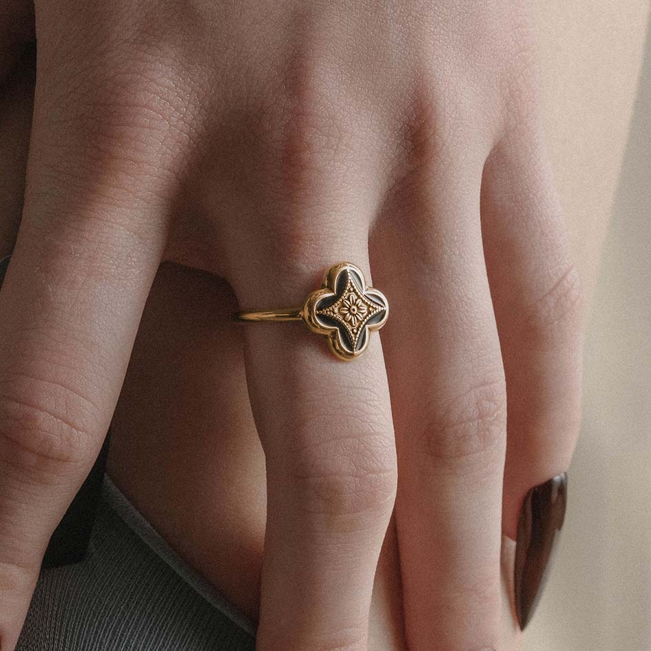 gold tudor vintage inspired black enamel gothic ring