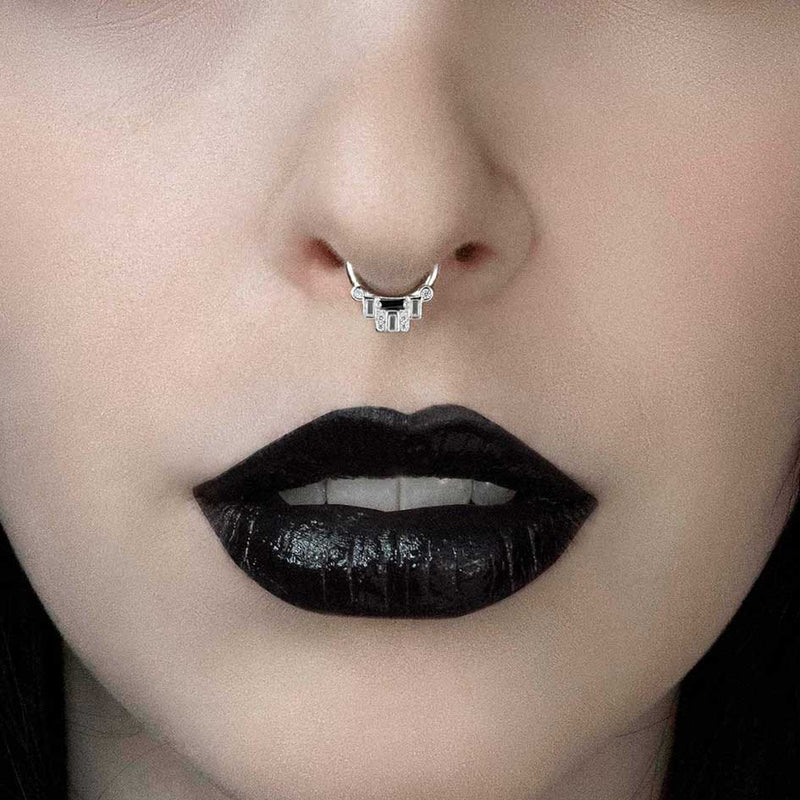 Lock Septum Rings STATELY. Deco Black Spinel Septum Clicker Ring - Silver