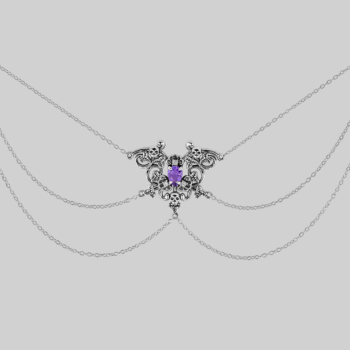 amethyst and silver skull ornate necklace 