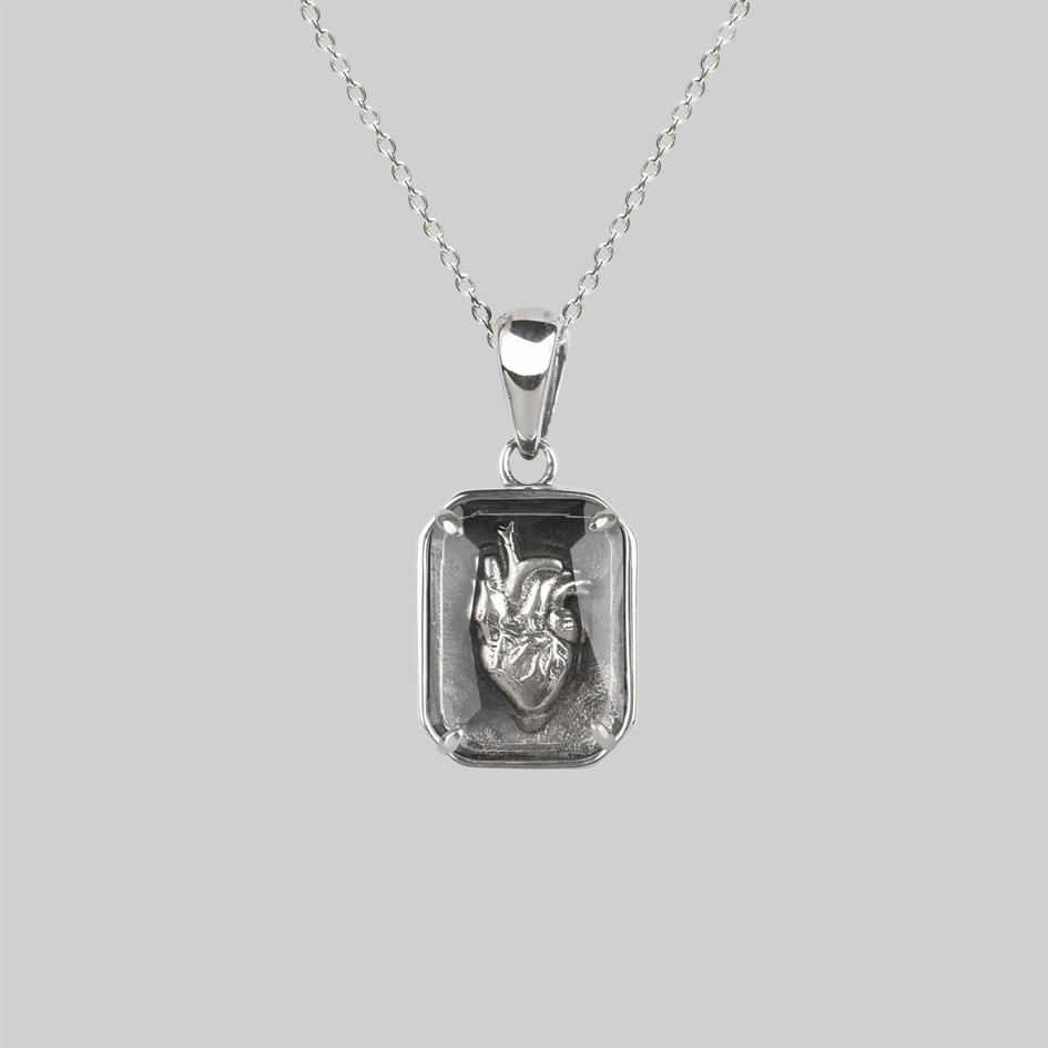 Sterling silver square 3D anatomical heart glass necklace