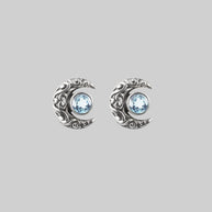 WISDOM. Silver Moon Crescent Earrings - Blue Topaz