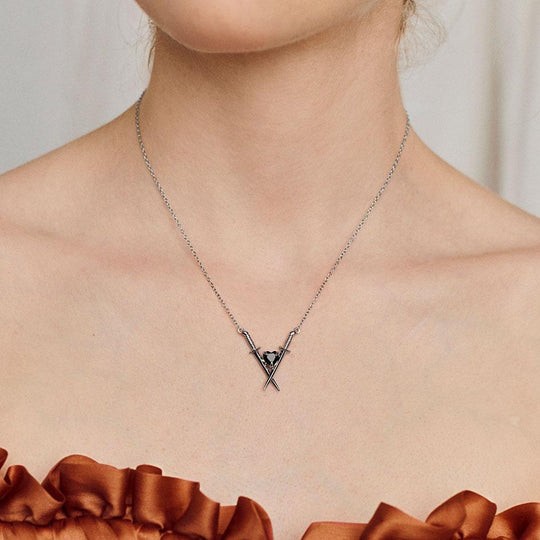 ABJURE. Crossed Swords & Onyx Heart Necklace - Silver