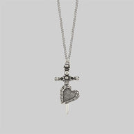 Silver dagger piercing heart necklace