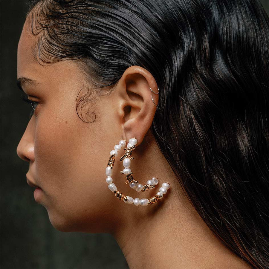 RUTHLESS. Barbed Wire Ivory Pearl Hoop Earrings Gold REGALROSE