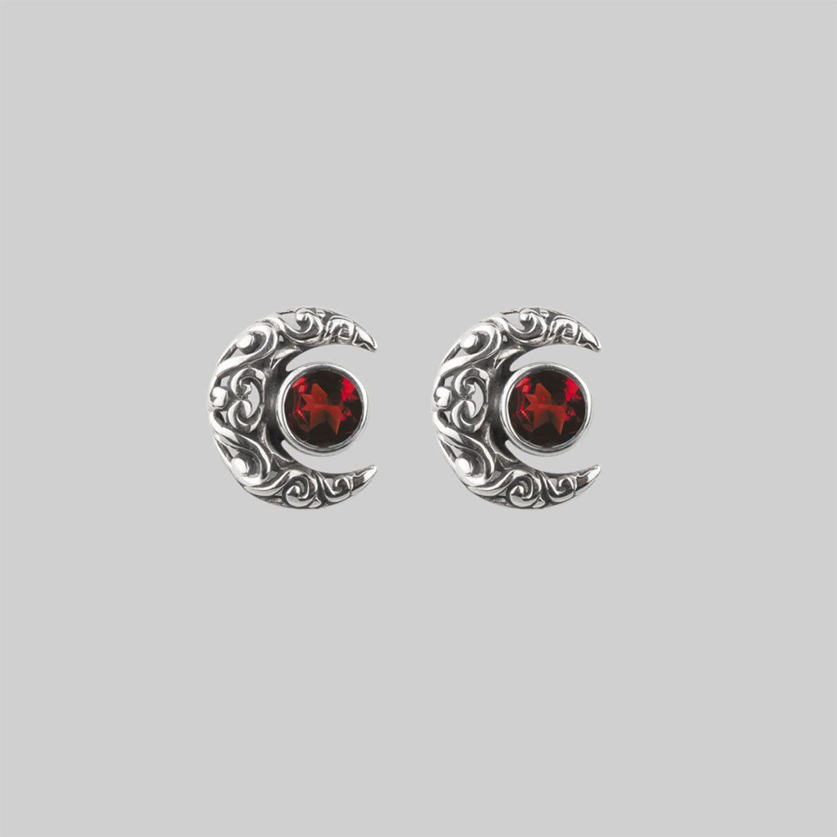 WISDOM. Silver Moon Crescent Earrings - Garnet