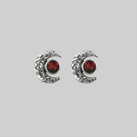 WISDOM. Silver Moon Crescent Earrings - Garnet