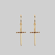 Gold-and-garnet-dagger-hoop-earrings