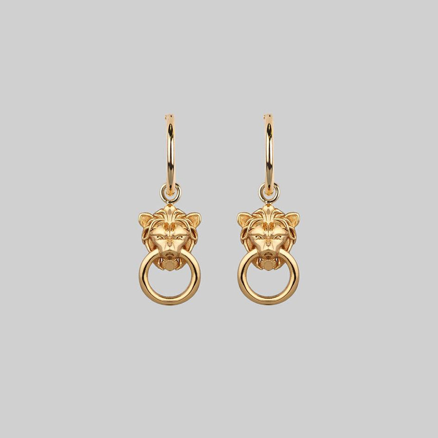 gold lion knocker earrings