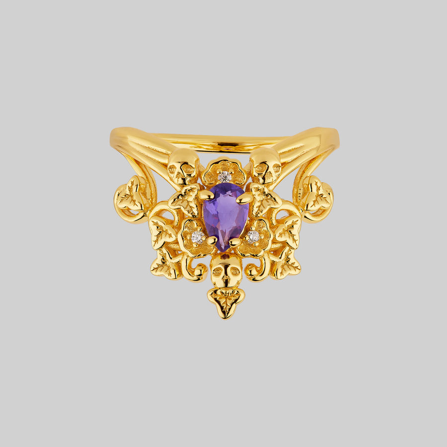 Gold and amethyst skull and leaves ring