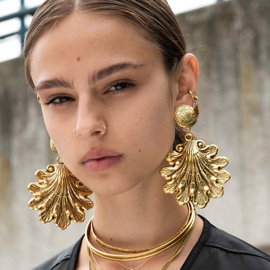 ARIEL. Ornate Shell Statement Earrings - Gold
