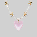 Large pink glass heart pearl necklace