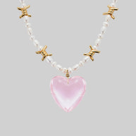 Large pink glass heart pearl necklace