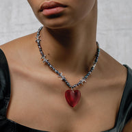 Large red glass heart black pearl necklace