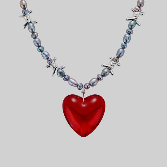 HEART OF STONE. Barbed Wire & Black Pearl Necklace - Silver