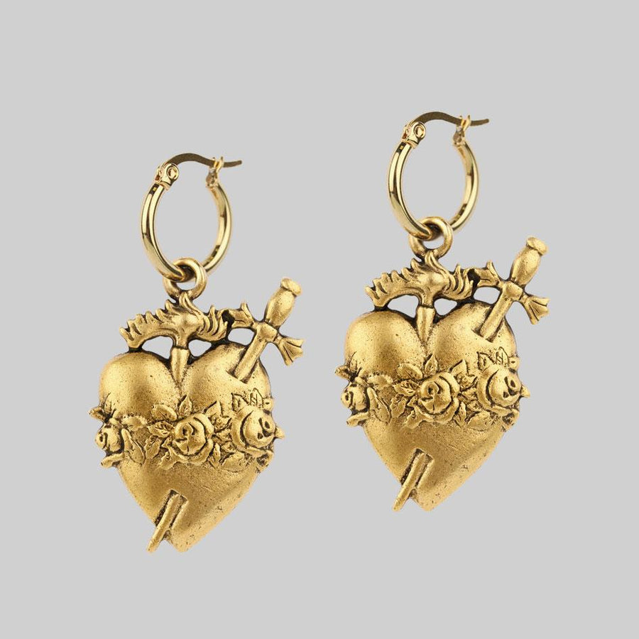 Gold sacred heart hoop earrings