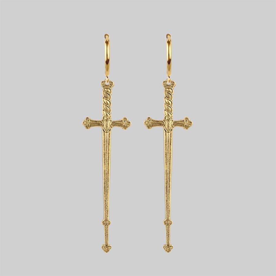 Gold sword hoop earrings