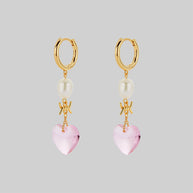 Pink glass heart ivory pearl earrings