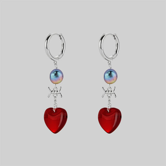HEART OF STONE. Heart & Pearl Hoop Earrings - Silver