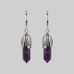 DEATH BLOOM. Amethyst Gemstone Hoop Earrings - Silver