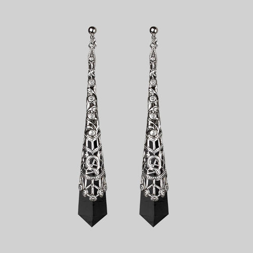 NYMPH. Dangly Amethyst Rectangle Hoop Earrings - Silver