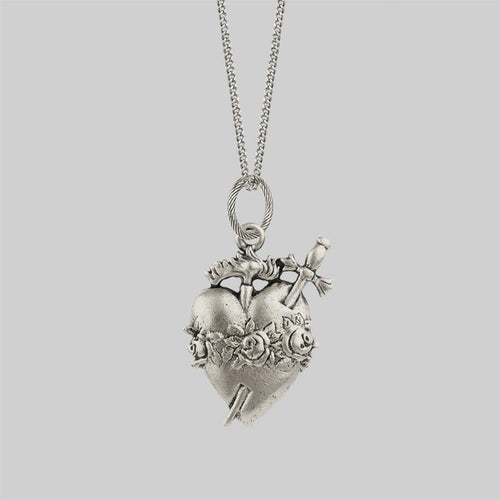 TORMENT. Heart & Dagger Carabiner Charm Necklace - Silver