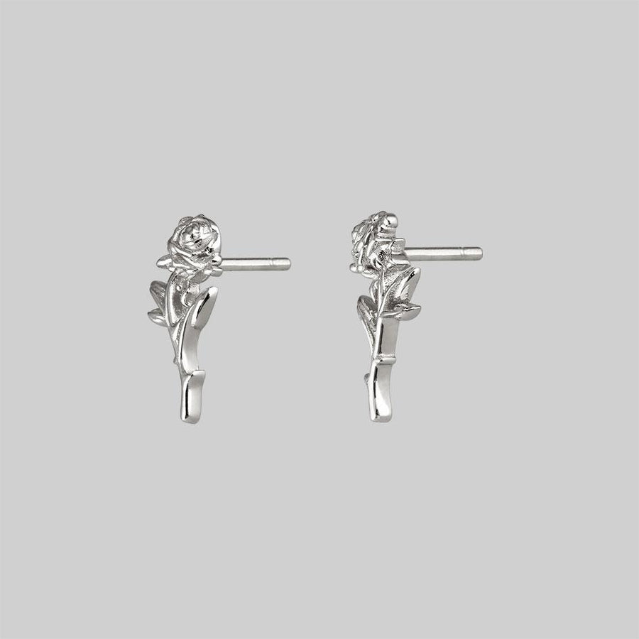 single rose stud earrings, silver lobe earrings