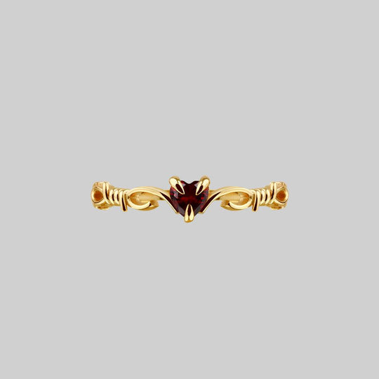 FATAL. Barbed Wire & Garnet Heart Ring - Gold