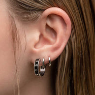 black enamel silver hoop earrings