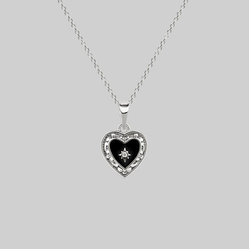 SOLEMN. Black Enamel Heart Necklace - Silver