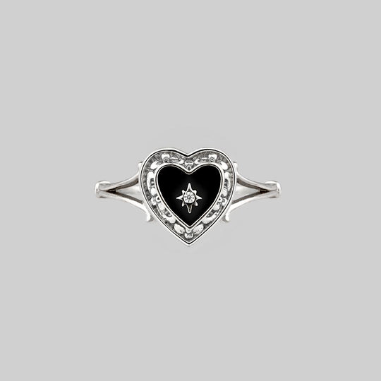 SOLEMN. Black Enamel Heart Ring - Silver