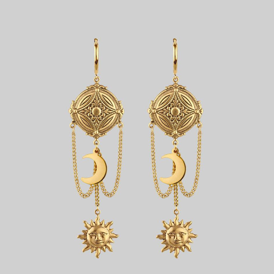 gold sun and moon detail earrings, hanging earrings 