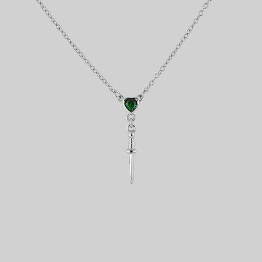 REIGN. Green Heart & Dagger Drop Necklace - Silver