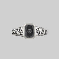 Ornate silver ring with glass cremation ashes chamber