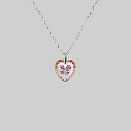 NANCY. Two Roses Engraved Glass Heart Necklace - Silver