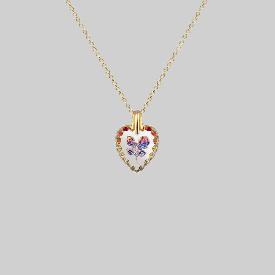 glass iridescent flower heart necklace gold