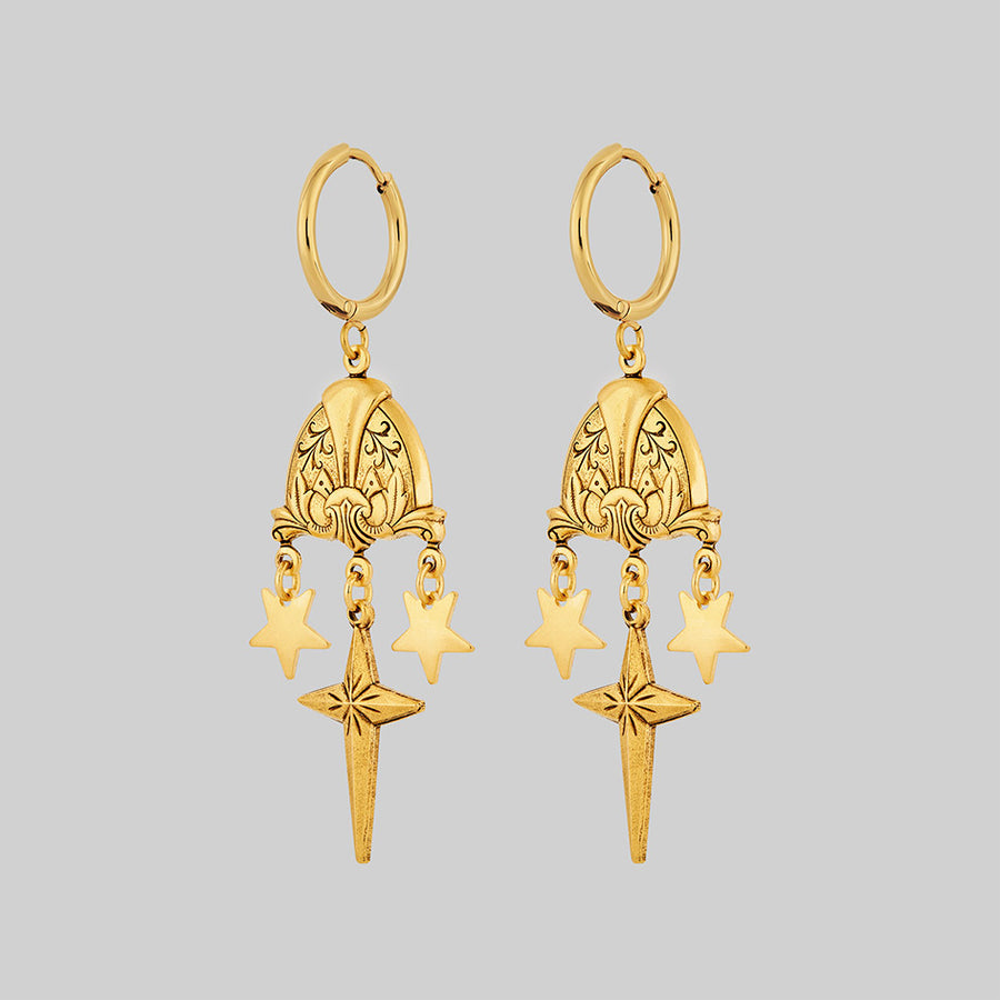 gold dangly celestial earrings