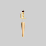 gold dagger earring with garnet gemstone