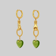 gold hand green heart earrings