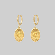 gold sun face charm hoop earrings