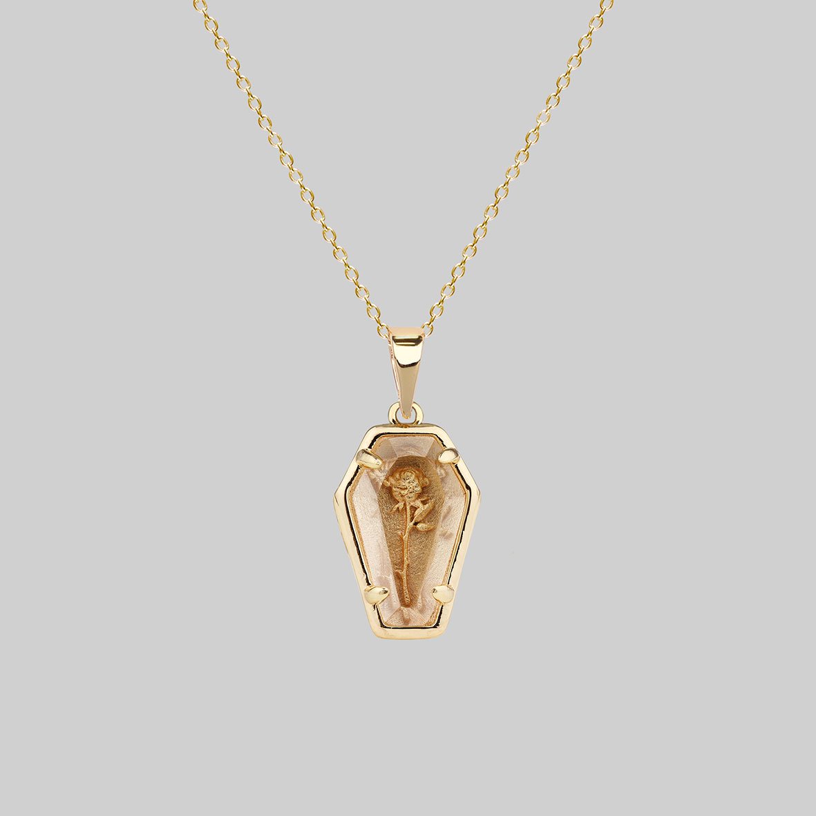 gold plated rose glass coffin necklace 