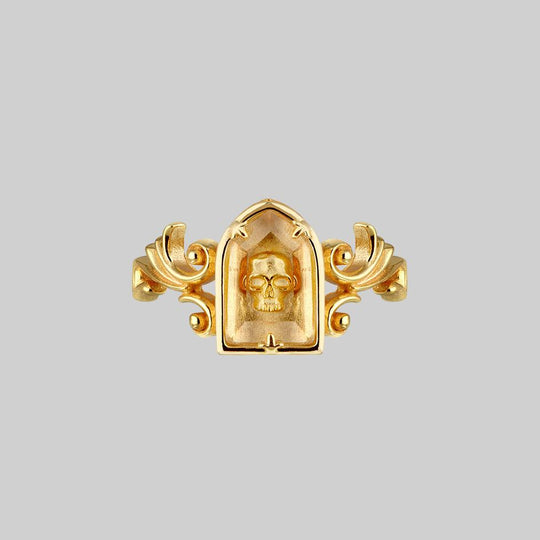 OMINOUS. Skull Under Glass Ring - Gold