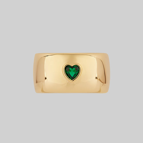 CANDICE. Green Heart Chunky Band Ring - Silver
