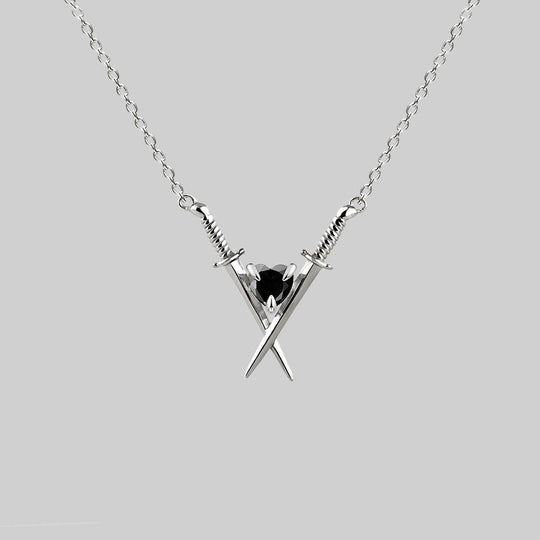 ABJURE. Crossed Swords & Onyx Heart Necklace - Silver