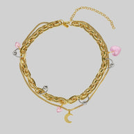 HALF HEARTED. Pierced Chunky Chain & Moon Charm Necklace - Gold