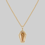 gold plated necklace with a detailed single rose within a glass case coffin
